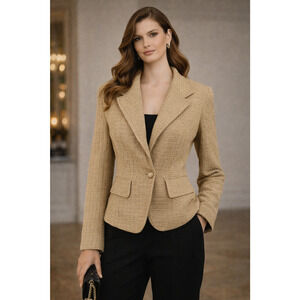VTG St John Women's Metalic Wool Blend Tan Tweed Knit Blazer Y2K Old Money Luxe